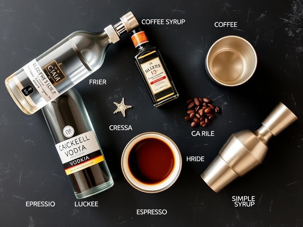 Ingredients for espresso martini laid out on a table