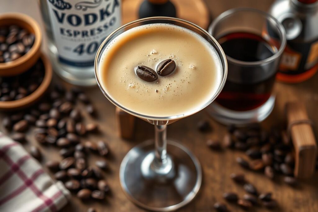 Perfectly made espresso martini with ingredients in the background