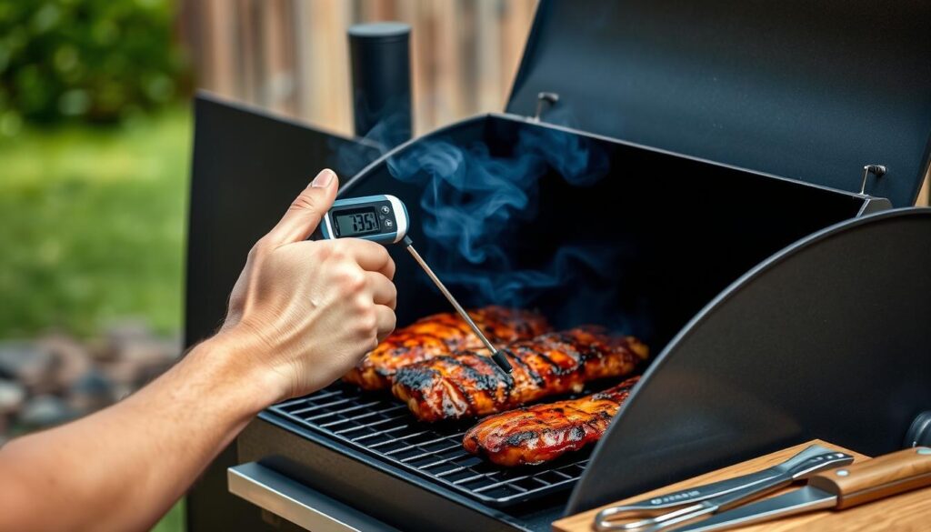 Person checking meat temperature with a digital thermometer on a pellet smoker