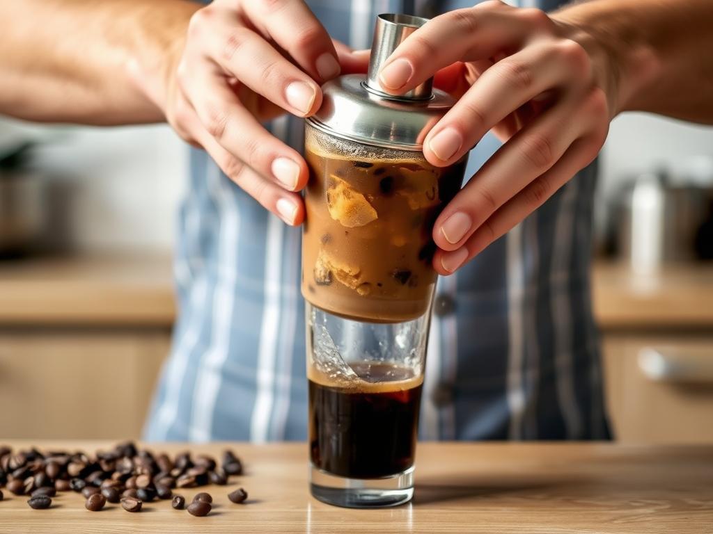 Person shaking a Non-Alcoholic Espresso Martini in a cocktail shaker Person shaking a Non-Alcoholic Espresso Martini in a cocktail shaker