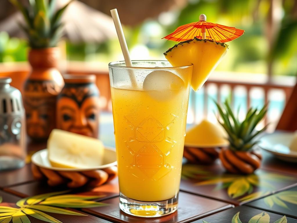 Pineapple Lemonade in a tiki glass with pineapple wedge and umbrella garnish, summer lemonade flavors