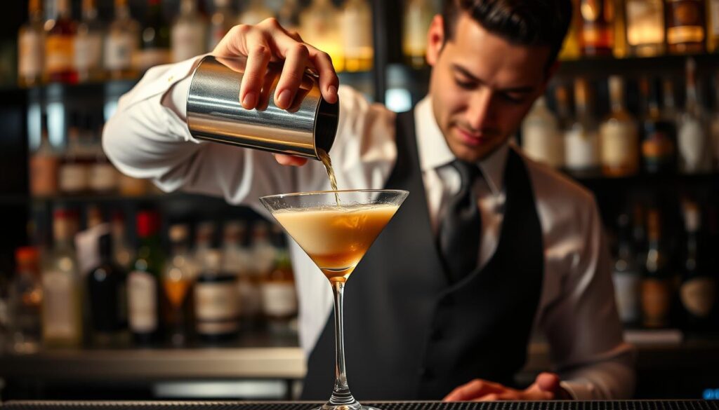 Professional bartender demonstrating perfect espresso martini technique