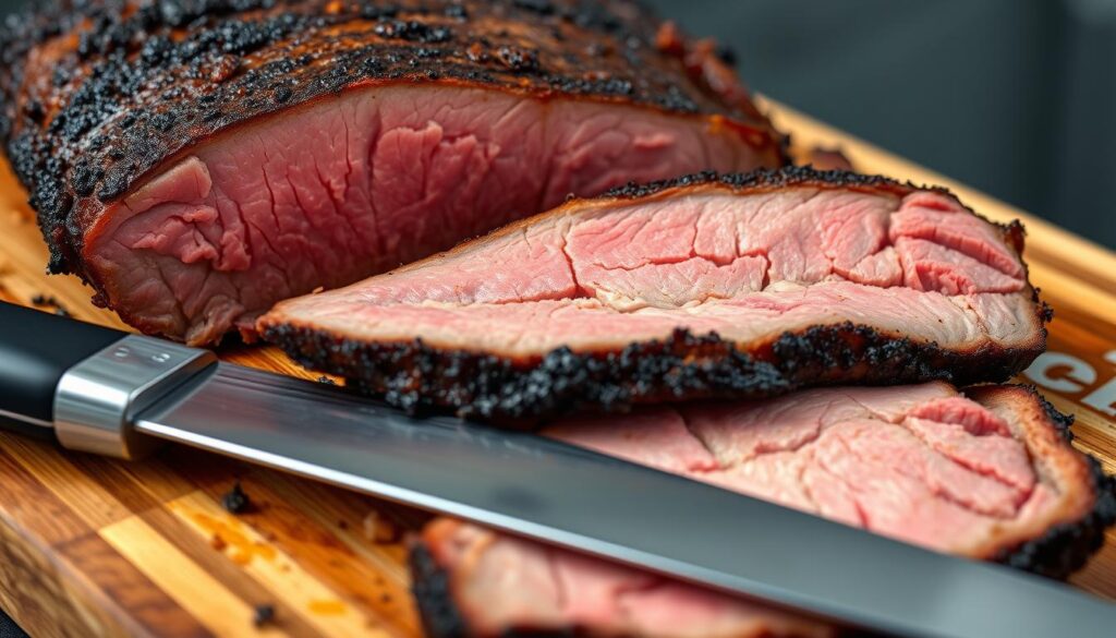 Sliced smoked brisket with a perfect smoke ring and bark