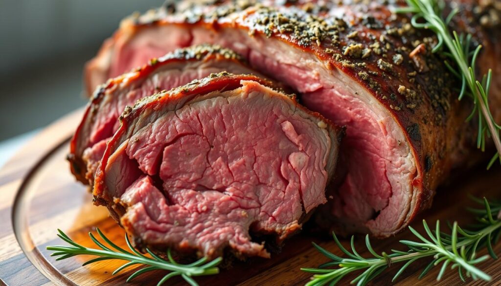 Sliced smoked prime rib roast with perfect medium-rare center