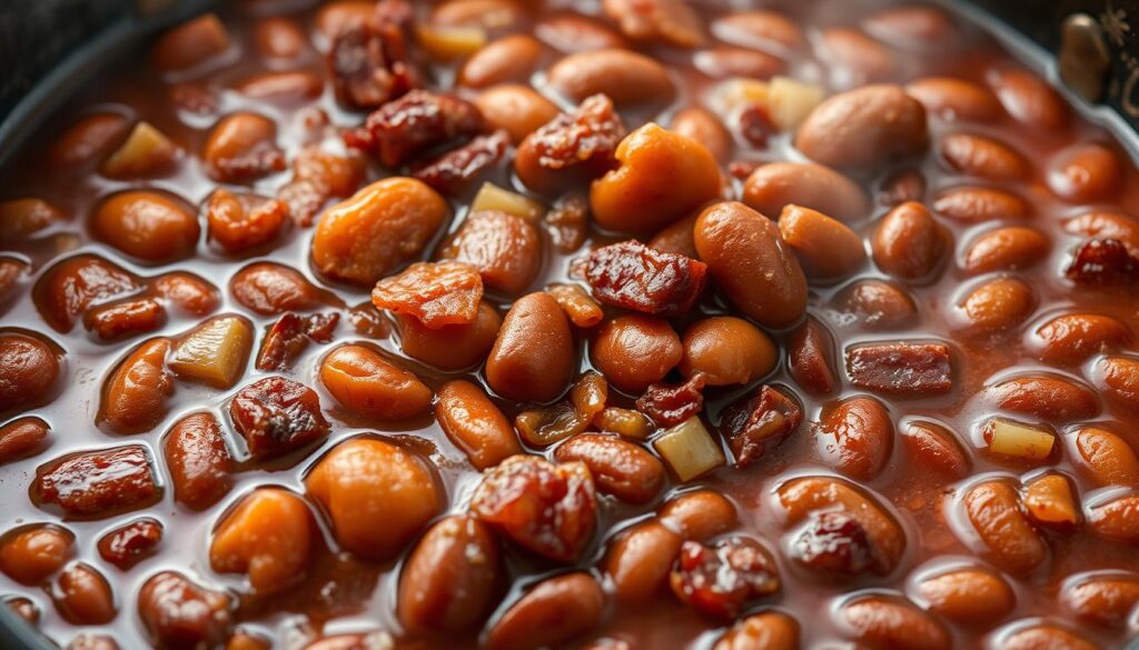 Smoked baked beans with bacon in a cast iron Dutch oven