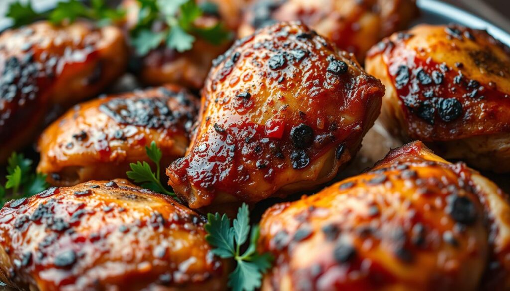 Smoked chicken thighs with crispy skin and glaze