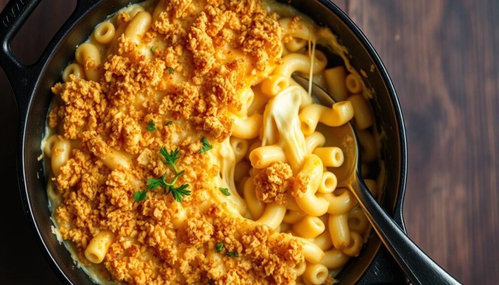 Smoked mac and cheese with crispy breadcrumb topping in a cast iron skillet
