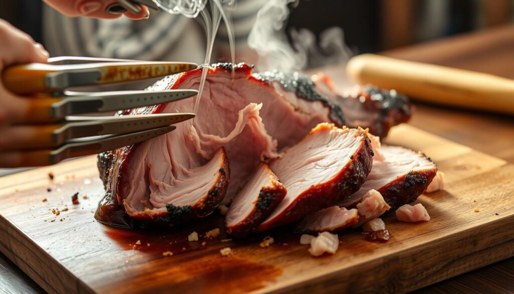 Smoked pulled pork being shredded with meat claws
