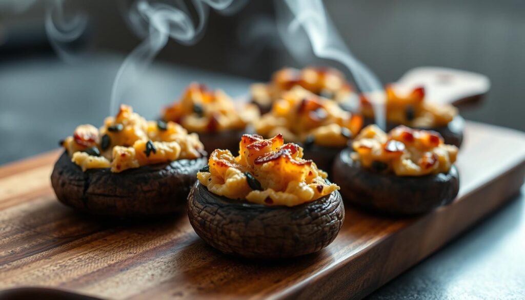 Smoked stuffed mushrooms with cheese and herb filling