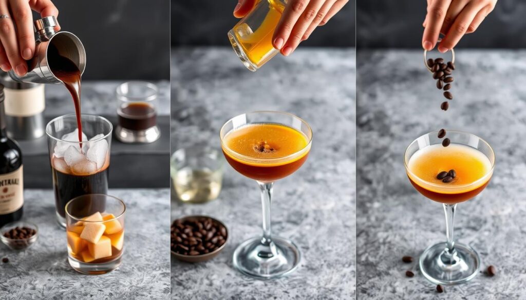 Step-by-step process of making an espresso martini