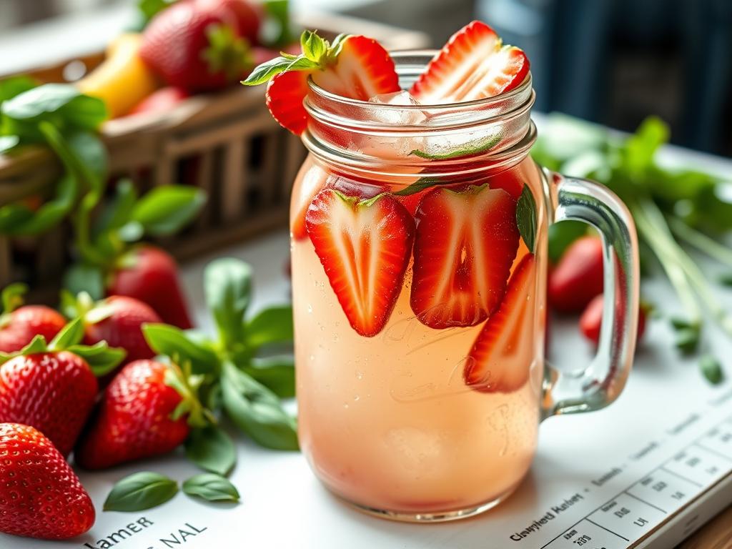 Strawberry Basil Lemonade in a mason jar with fresh strawberries and basil leaves, summer lemonade flavors