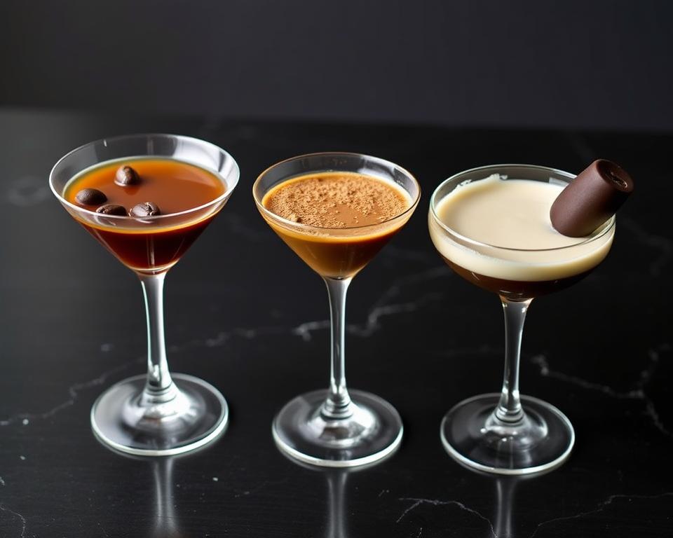 Three different espresso martini presentations in various glassware