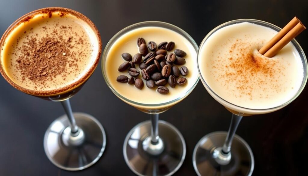 Three variations of Non-Alcoholic Espresso Martini with different garnishes Three variations of Non-Alcoholic Espresso Martini with different garnishes