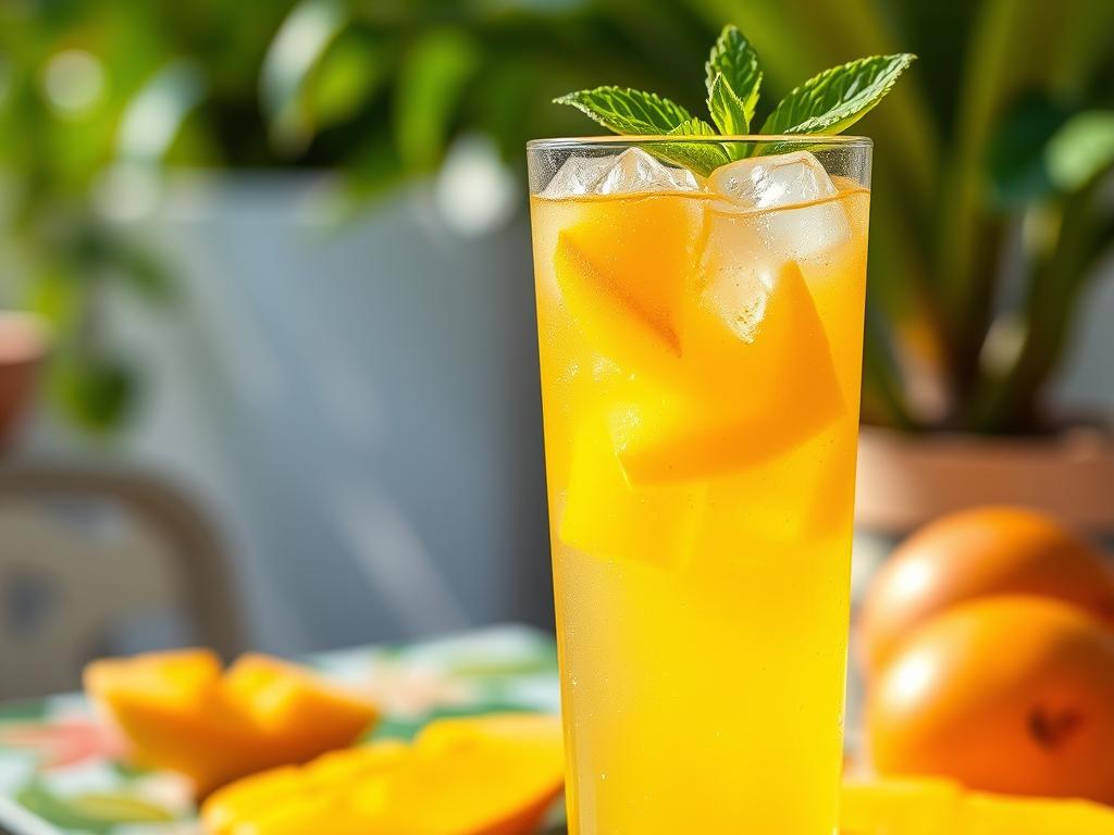 Vibrant yellow Mango Lemonade in a tall glass with mango chunks and mint garnish, summer lemonade flavors