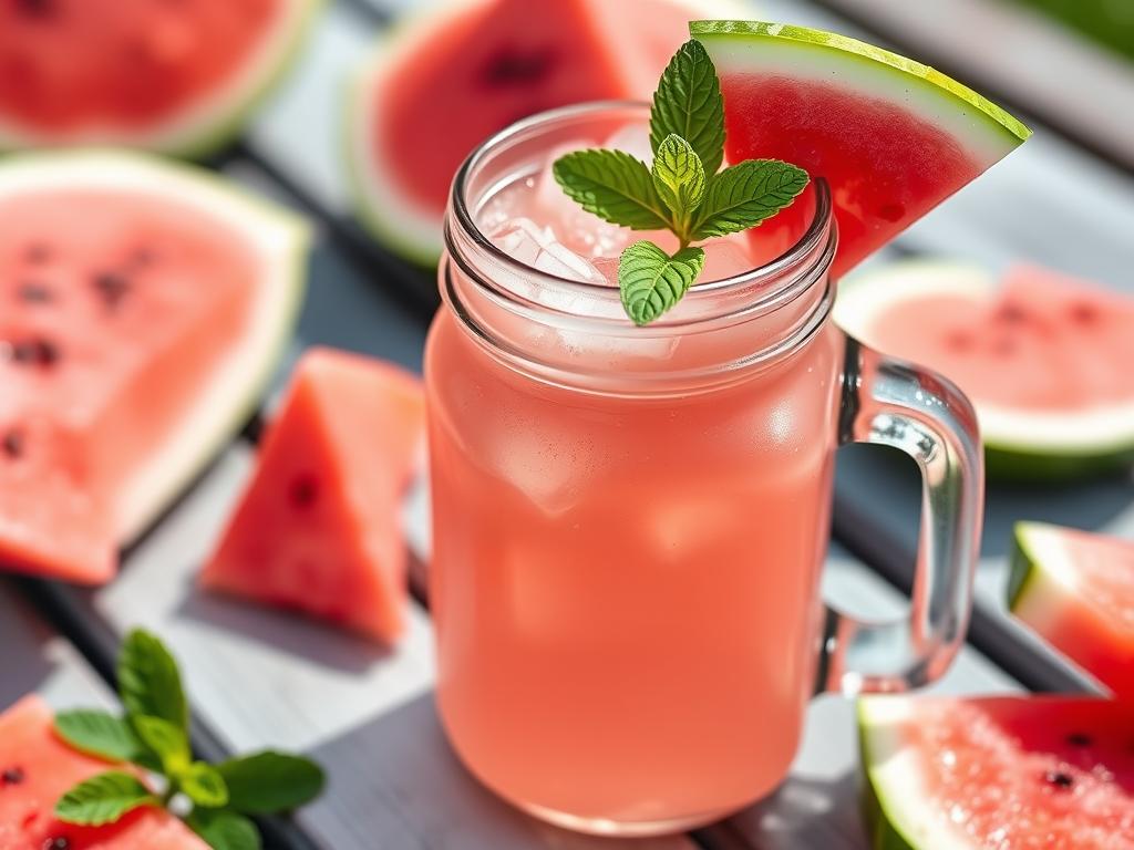 Watermelon Lemonade in a mason jar with watermelon wedge and mint garnish, summer lemonade flavors