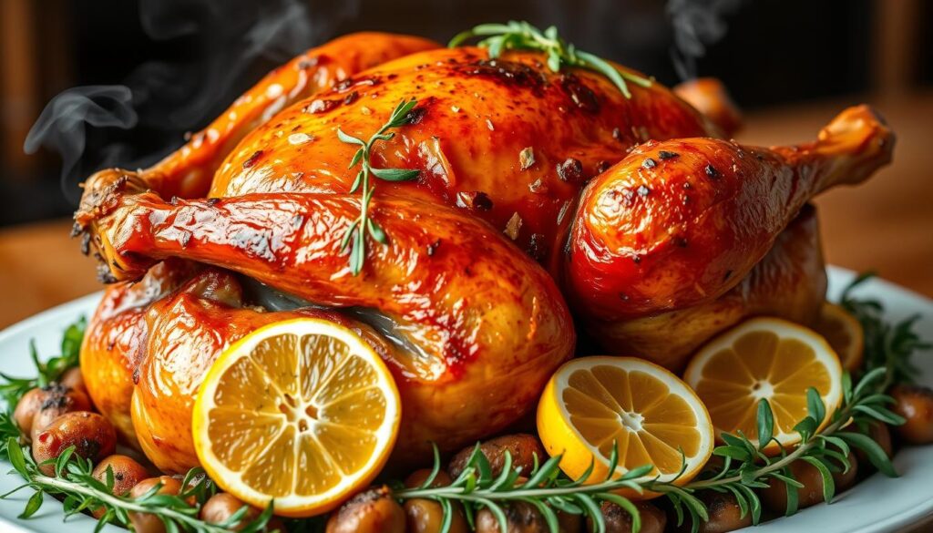 Whole smoked turkey with crispy skin and herb garnish