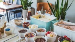 Homemade ice cream cones with vanilla and chocolate scoops, melting slightly on a wooden table beside scattered sprinkles.