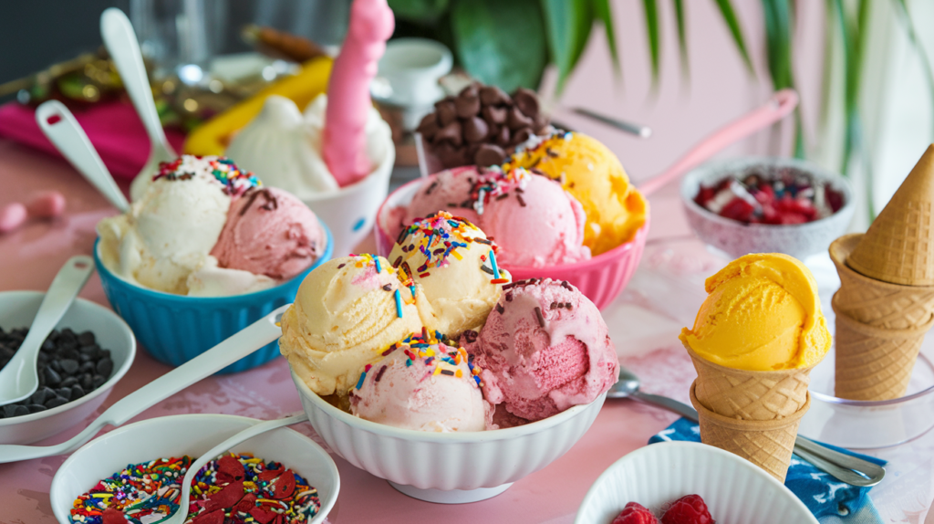 Bright scoops of homemade ice cream in colorful bowls, topped with rainbow sprinkles and served with small spoons.