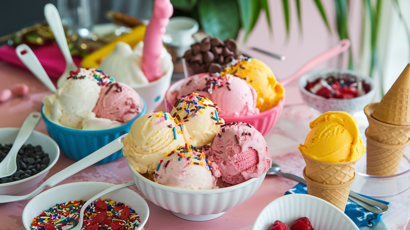 Bright scoops of homemade ice cream in colorful bowls, topped with rainbow sprinkles and served with small spoons.