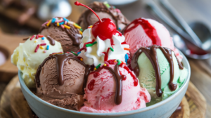 Gourmet-style homemade ice cream served in a glass bowl, topped with chocolate shavings, berries, and a mint sprig.