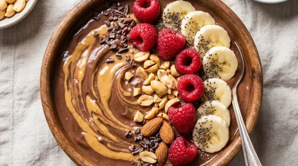 Chocolate peanut butter smoothie bowl with protein toppings.