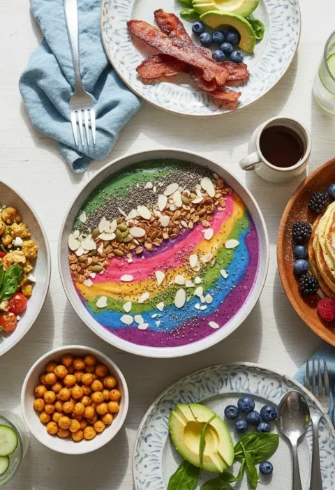 High protein vegetarian breakfast table setup without eggs.