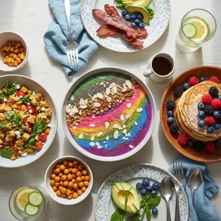 High protein vegetarian breakfast table setup without eggs.