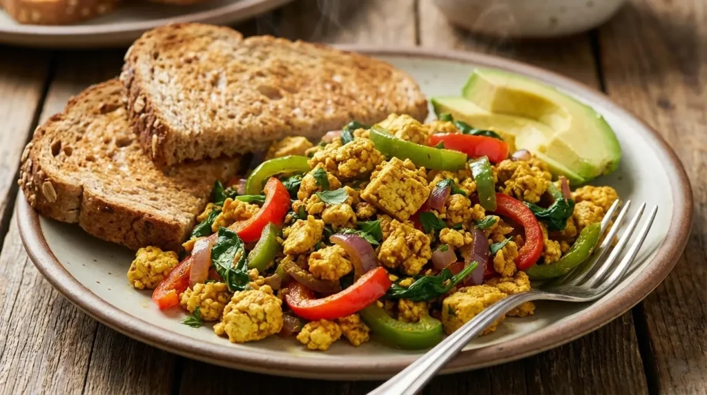 Savory tofu scramble with vegetables and toast.