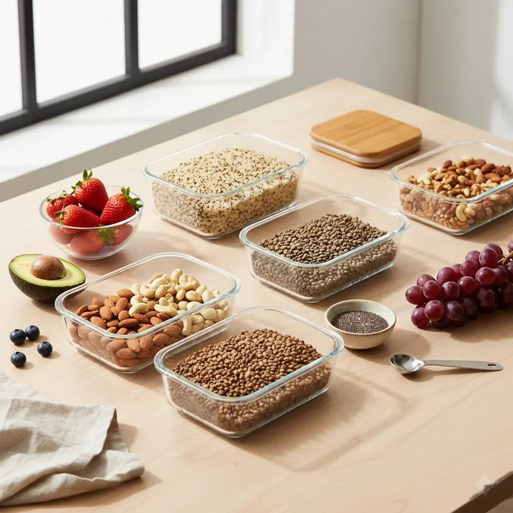 High-protein vegetarian breakfast meal prep containers.